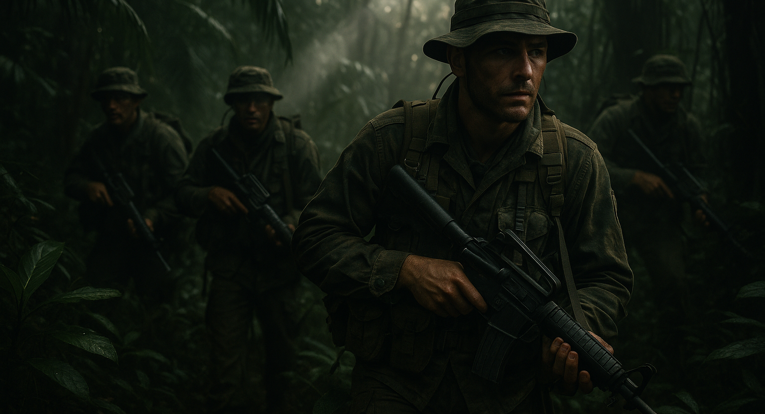 cinematic photo of MacV-SOG team in covert gear in the jungle