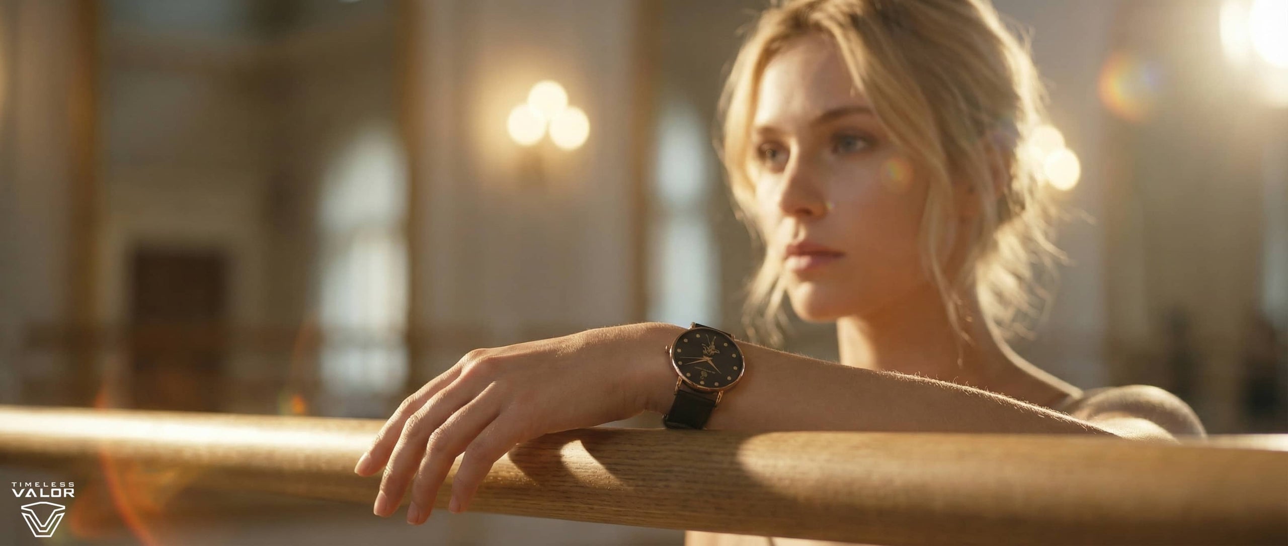 Woman with a watch on her wrist in a softly lit indoor setting